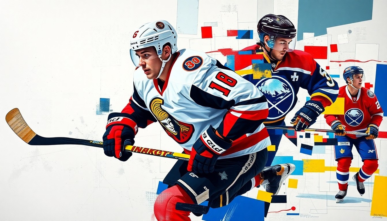 A fragmented, geometric painting depicting a hockey player in mid-motion, with the sharp, overlapping planes and vibrant colors of the team uniforms conveying the intensity and competitive spirit of the game.