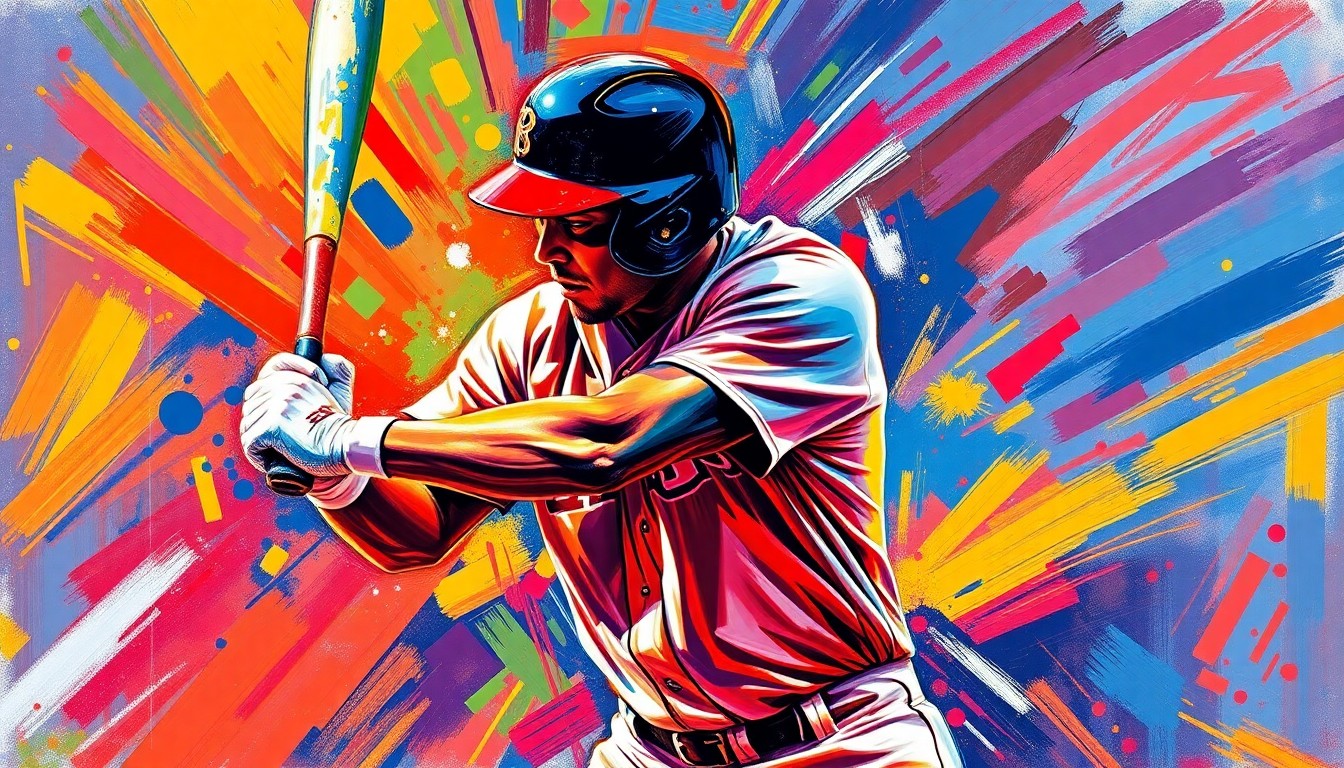 An abstract, expressionist painting featuring bold, neon-colored brushstrokes that capture the dynamic motion and energy of a baseball player's batting swing, conveying the excitement and potential impact of J.D. Martinez's new role as a hitting advisor for the Mets.