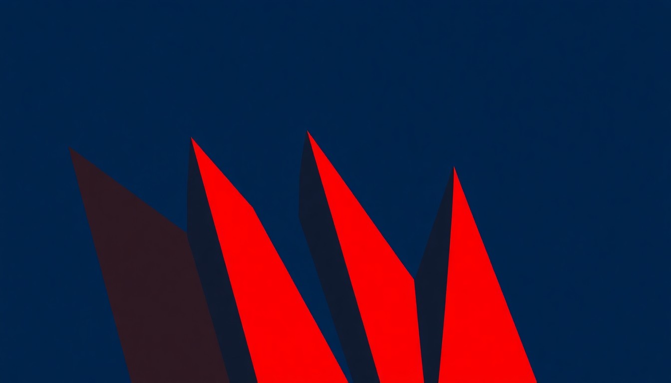 An abstract, minimalist composition of jagged, overlapping geometric shapes in shades of blue, gray, and red, conceptually representing the Seattle grunge scene and the lasting impact of Andy Wood's influence.