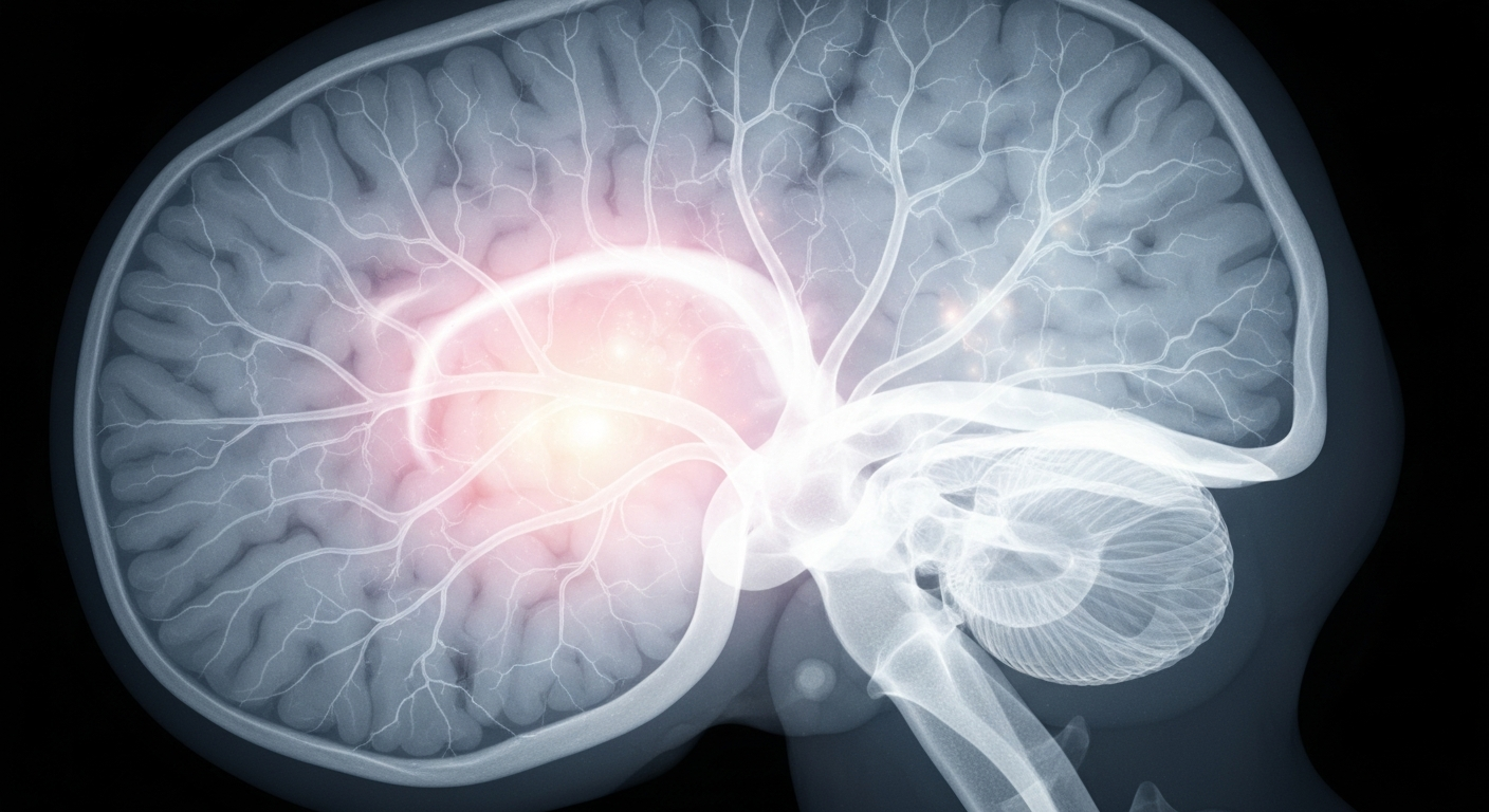 A translucent, ghostly X-ray image revealing the intricate network of blood vessels in the brain, with certain areas glowing to indicate the effects of small vessel disease on the vital vascular structures.