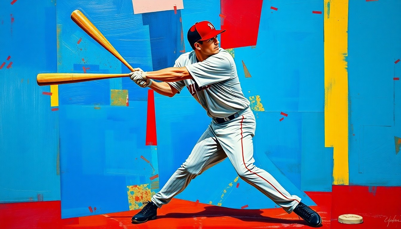 A fragmented, multi-angled painting depicting a baseball player's swing or fielding motion, broken down into sharp, overlapping planes of vibrant colors like royal blue, crimson red, and golden yellow, conceptually representing the complex challenges of transitioning to the major leagues.