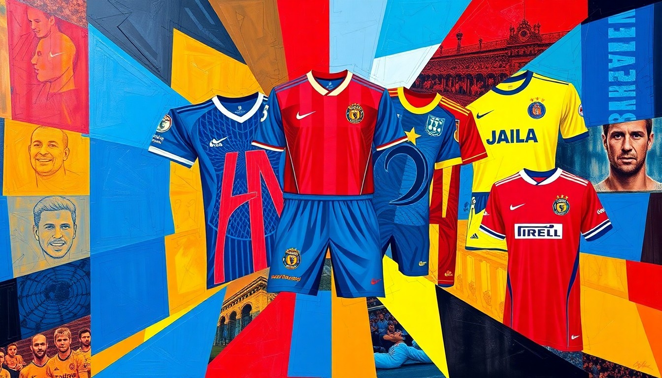 A fragmented, geometric painting in vibrant blues, reds, and yellows, depicting various football kit designs in an abstract, deconstructed style, capturing the energy and diversity of the upcoming season's offerings.