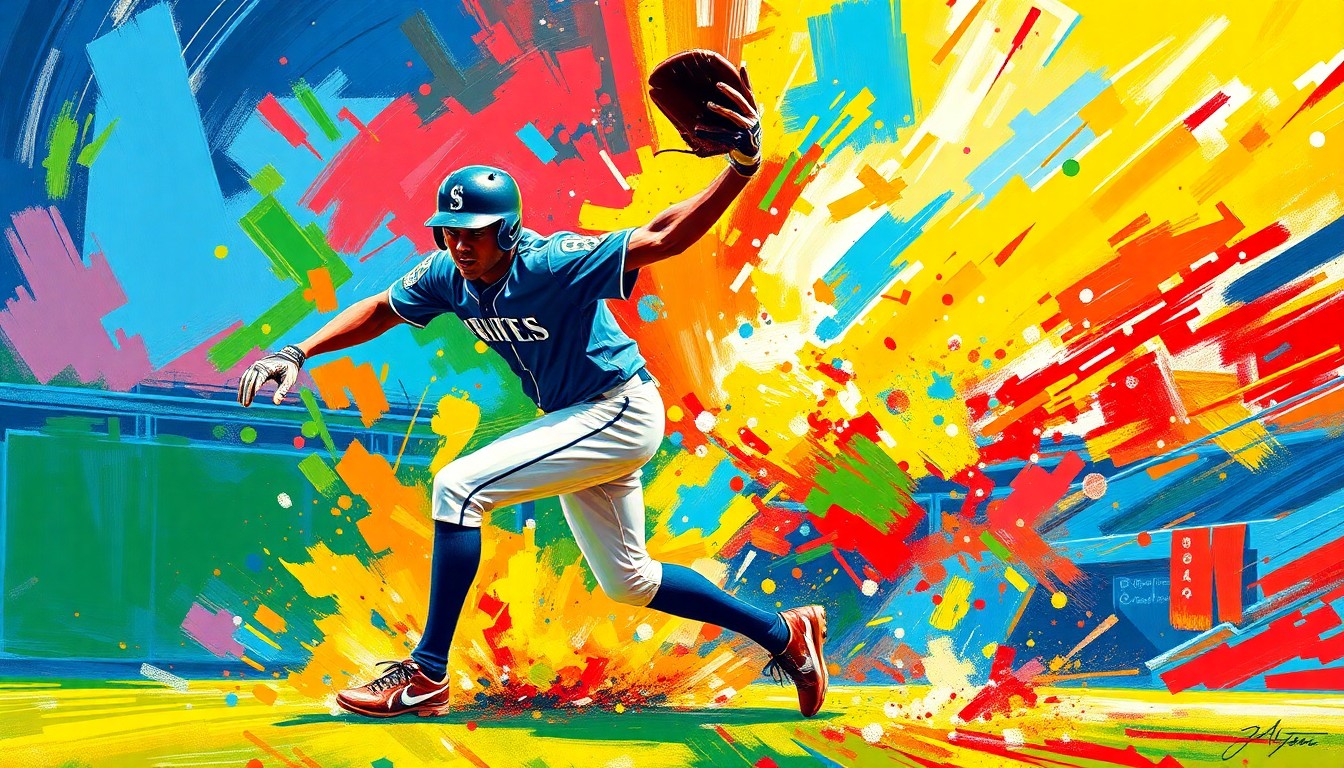 An extreme close-up of a baseball player in mid-leap, their body contorted and blurred in a burst of vibrant, neon-colored brushstrokes, capturing the raw energy and athleticism of a defensive play.
