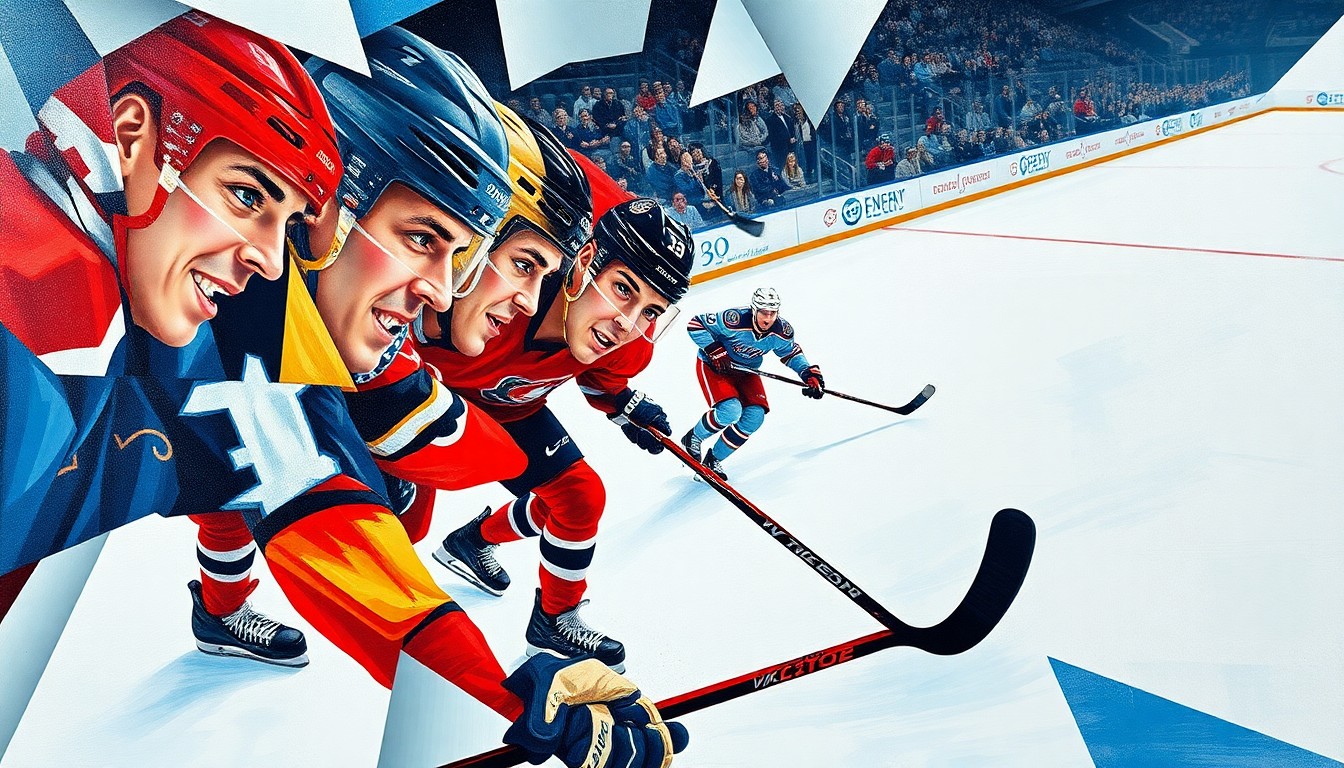 A cubist, geometric painting depicting a hockey game, with the players' forms broken down into abstract shapes and colors, conveying the intensity and chaos of the sport.