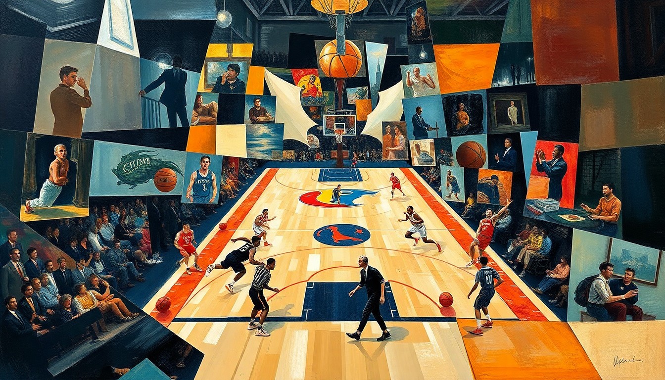 A fragmented, geometric painting depicting a basketball game or match, with sharp, overlapping planes of color and form representing the complex dynamics between athletes and coaches.