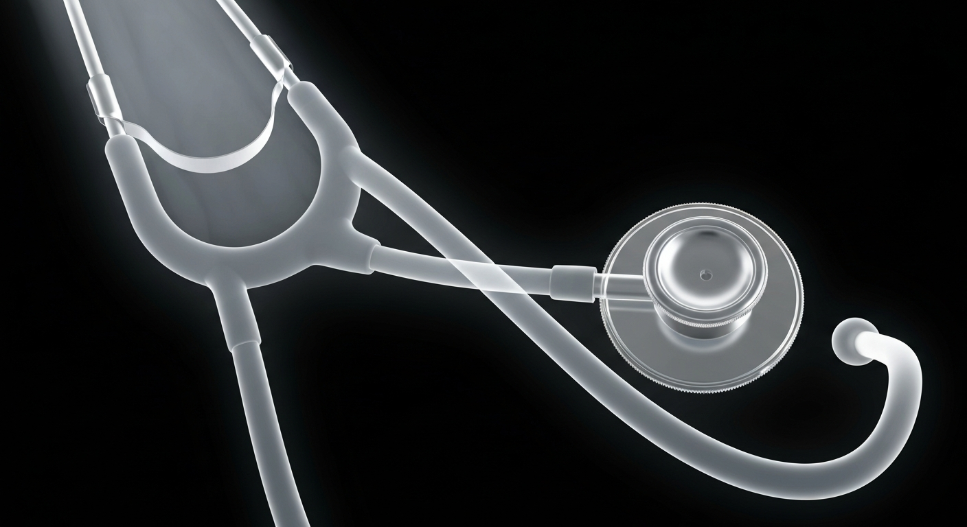 A ghostly, translucent X-ray photograph of a stethoscope, its internal structure glowing against a dark background, conceptually illustrating the delicate balance and inner workings of primary care.