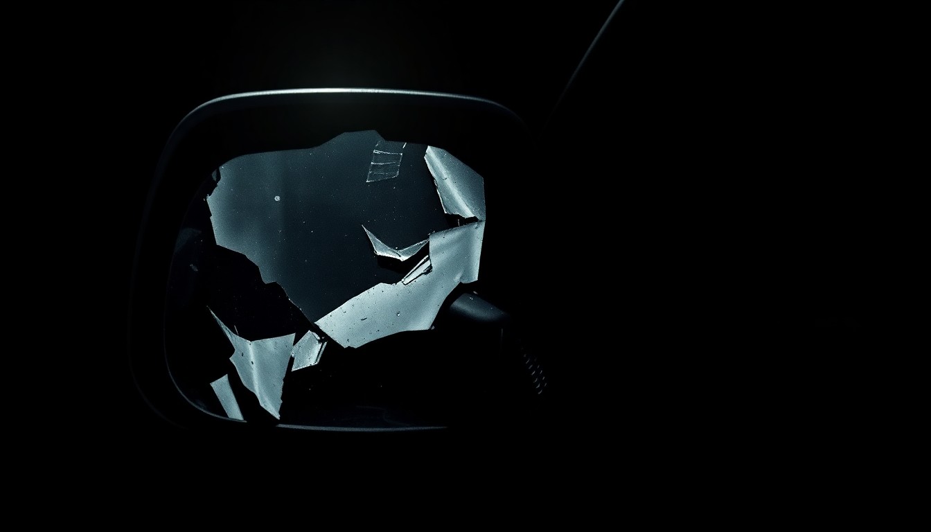 An extreme close-up photograph of a damaged car side mirror, lit by a harsh, direct camera flash against a pitch-black background, conveying a stark, gritty, and investigative mood without any text or identifiable elements.