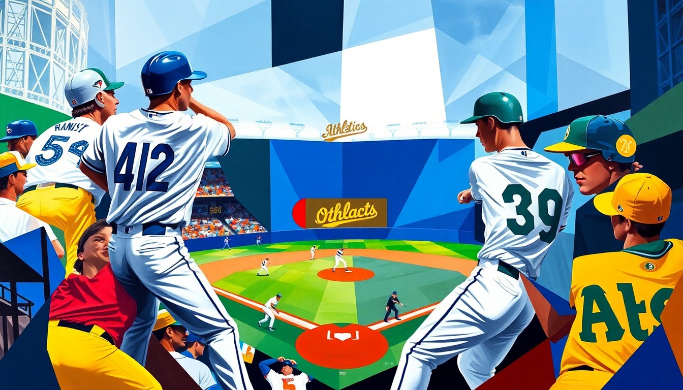 A cubist-style painting depicting a baseball game between the Toronto Blue Jays and Oakland Athletics, with the players' forms broken down into sharp, overlapping geometric shapes in the team's colors, capturing the dynamic energy of the game.