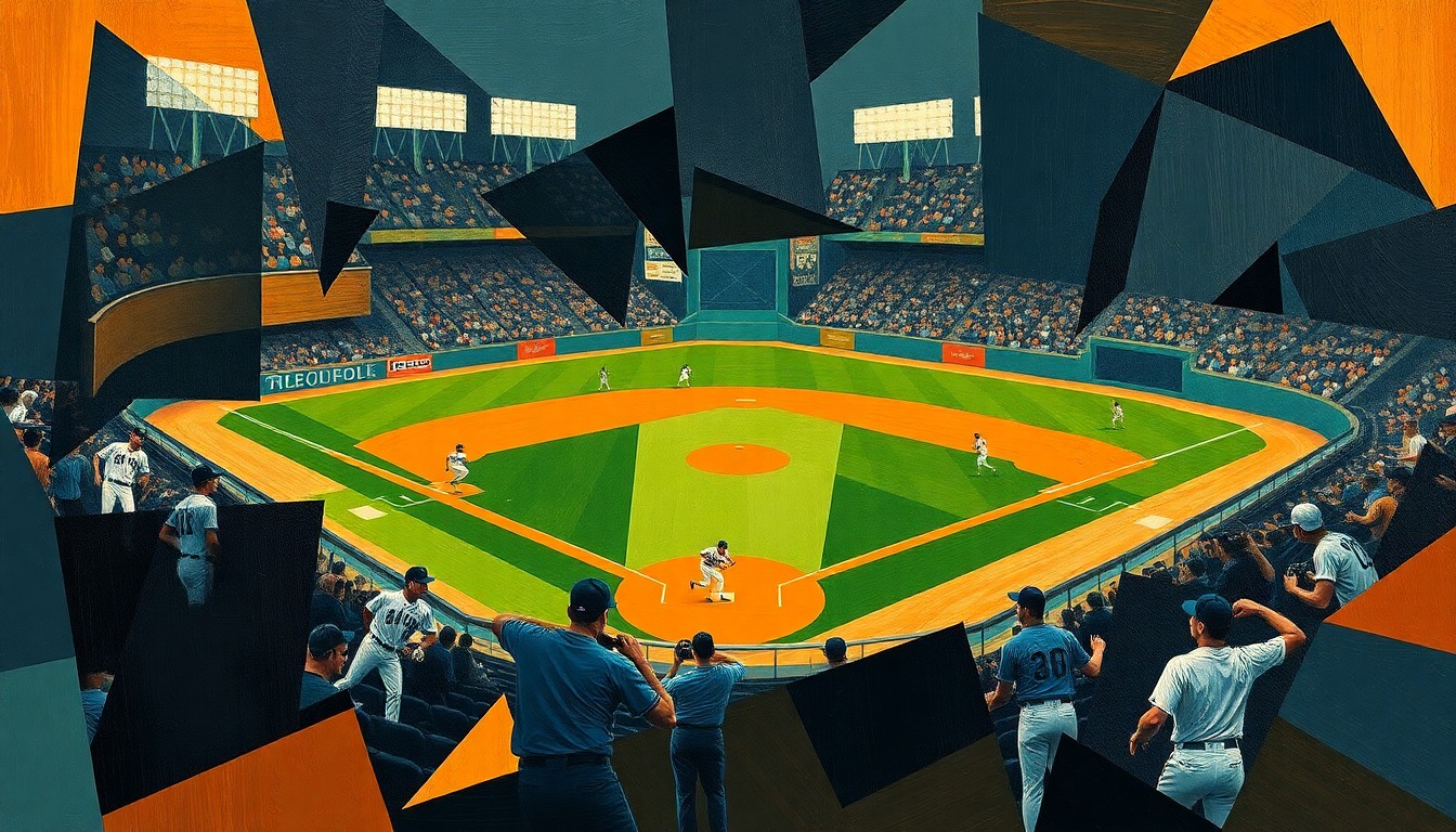 A fractured, cubist-style painting depicting a baseball game, with the players and field broken down into sharp, overlapping geometric shapes in a palette of navy, green, and orange, conveying the fragmented nature of the Orioles' injury situation.