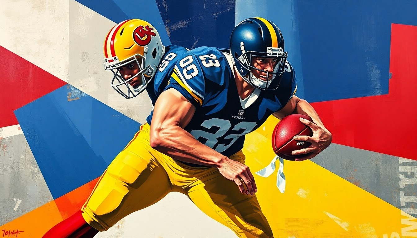 A cubist-style painting depicting a defensive football player in action, with their body broken down into sharp, overlapping geometric shapes in shades of navy blue, maize yellow, and crimson red, conveying the raw energy and intensity of the sport.