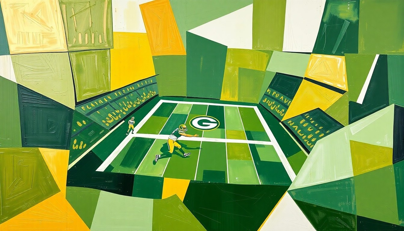 A cubist, geometric painting depicting a Packers football game, with sharp, overlapping planes of green, gold, and white, conceptually representing the tension between tradition and innovation in the NFL's uniform designs.