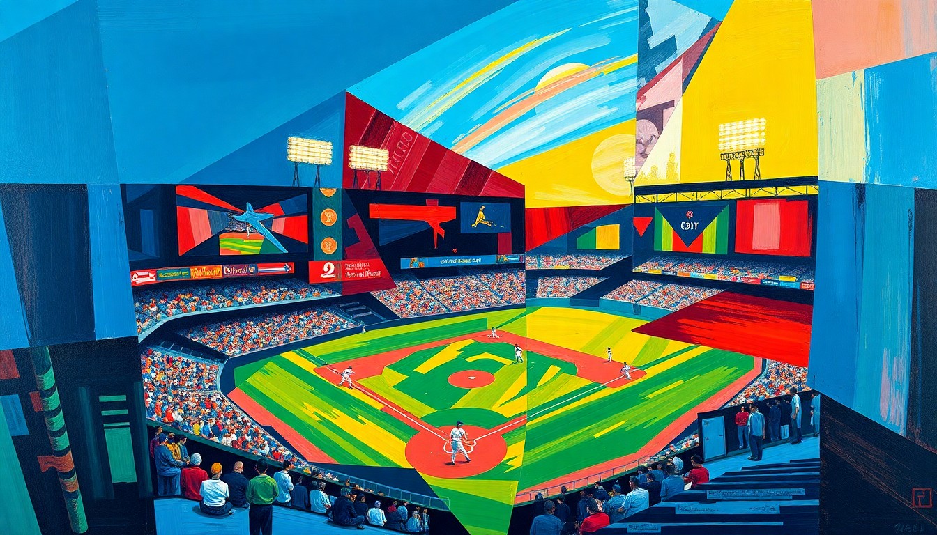 A fractured, abstract painting depicting a baseball game or match, with sharp, overlapping geometric shapes in vibrant colors like blue, red, and yellow, conceptually representing the strategic moves and roster changes in the sport.
