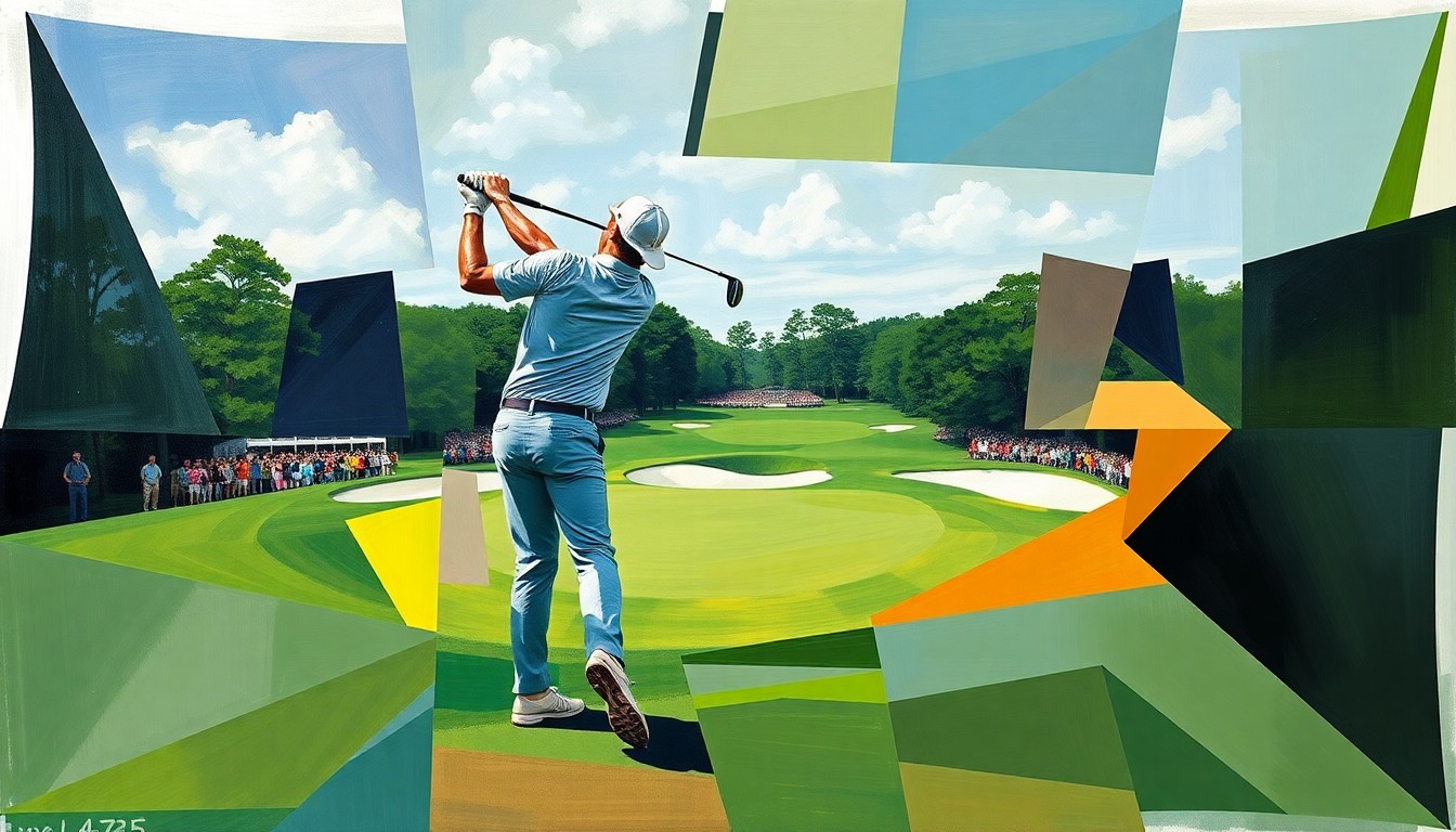 A fractured, geometric painting depicting Bryson DeChambeau's golf swing and the 11th hole at Augusta National, with sharp, overlapping planes of color and form representing the unpredictable challenges of the Masters tournament.