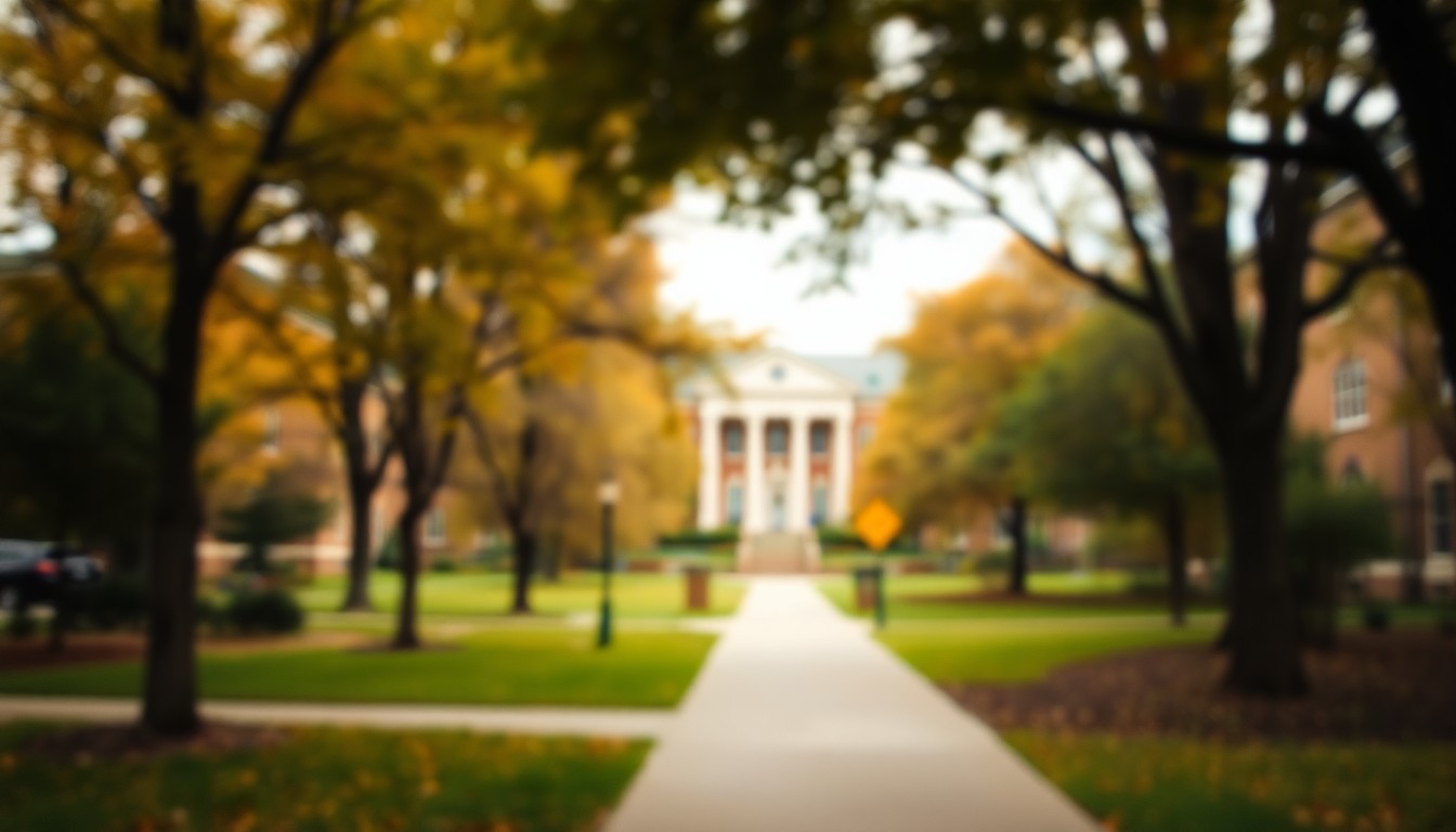 An abstract, out-of-focus photograph depicting the grounds of the Temple University Ambler campus, with blurred trees, buildings, and pathways in a warm, hazy color palette, conveying a sense of the campus's changing fortunes.