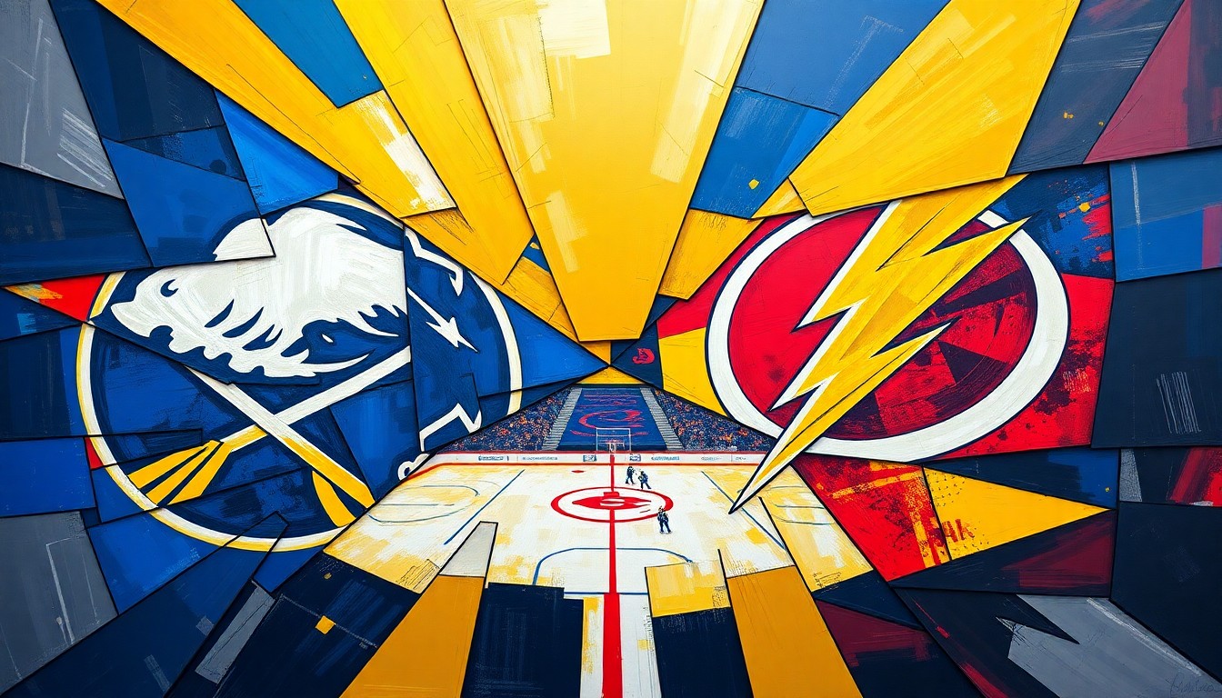 A fractured, geometric painting depicting a hockey game between the Buffalo Sabres and Tampa Bay Lightning, with sharp, overlapping planes of blue, gold, and red colors representing the teams' official colors.