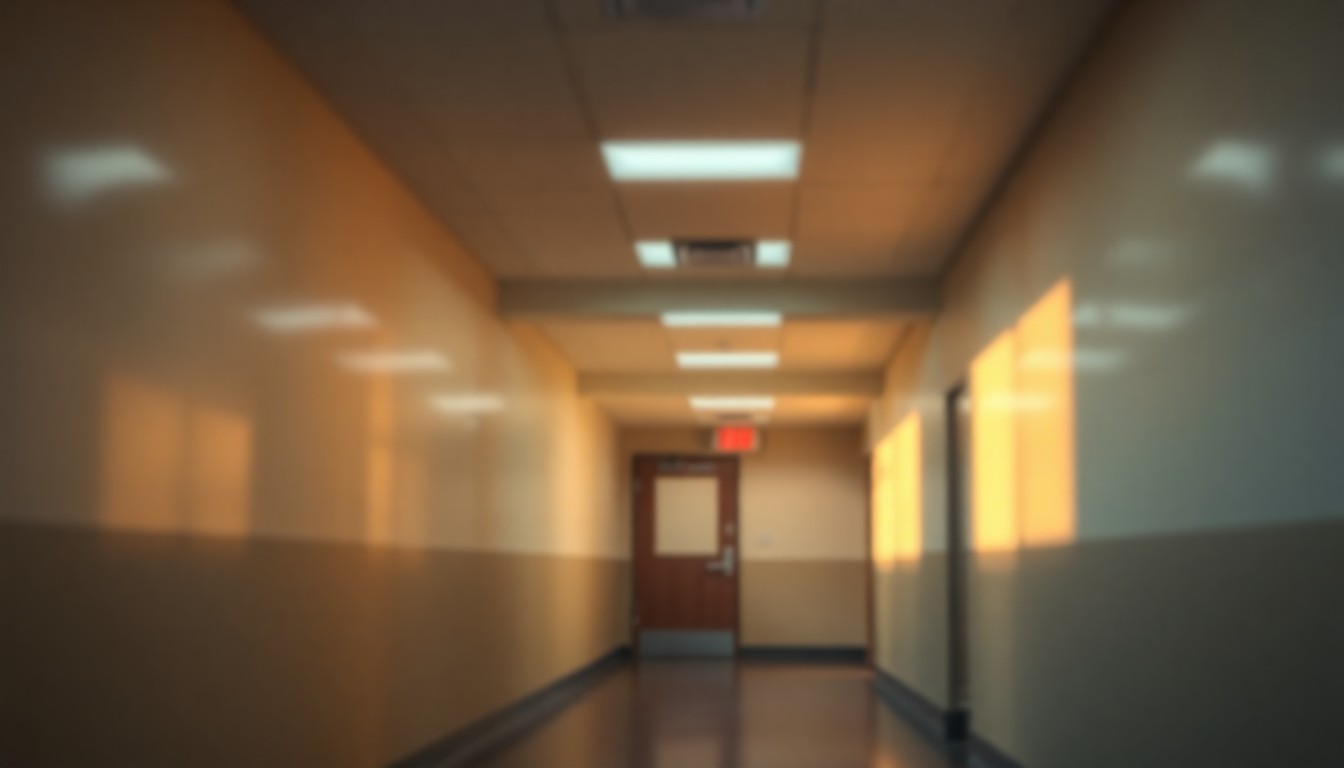 An abstract, impressionistic scene of a blurred school hallway, with muted colors and warm lighting, conveying a sense of uncertainty and disruption facing the district.