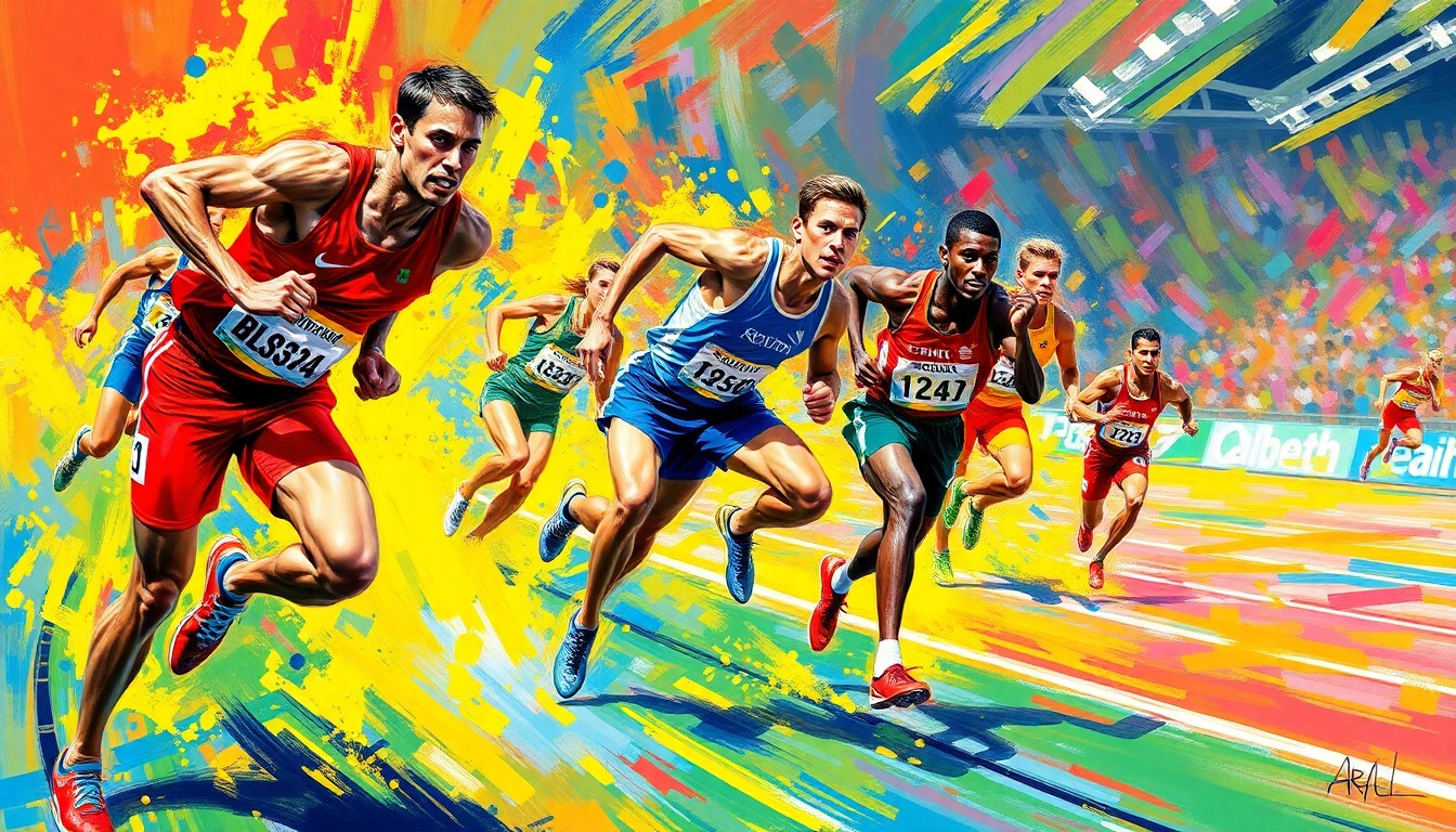An abstract, energetic painting featuring bold brushstrokes of neon yellow, orange, and blue, capturing the dynamic motion and intensity of track and field athletes in competition.