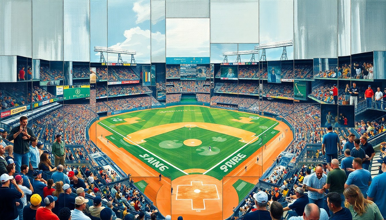 A cubist, geometric painting depicting a baseball game or match, with overlapping planes and shapes representing the dynamic nature of the Astros' outfield situation.
