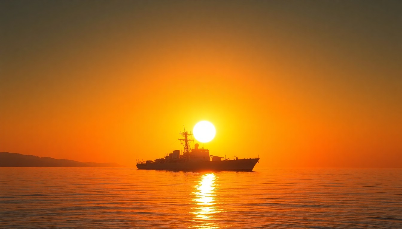 A serene, cinematic painting of a solitary U.S. Navy ship silhouetted against a warm, golden sunset sky, casting long shadows on the calm waters of the Taiwan Strait, conveying a sense of quiet contemplation about America's strategic focus shifting away from the Asia-Pacific region.