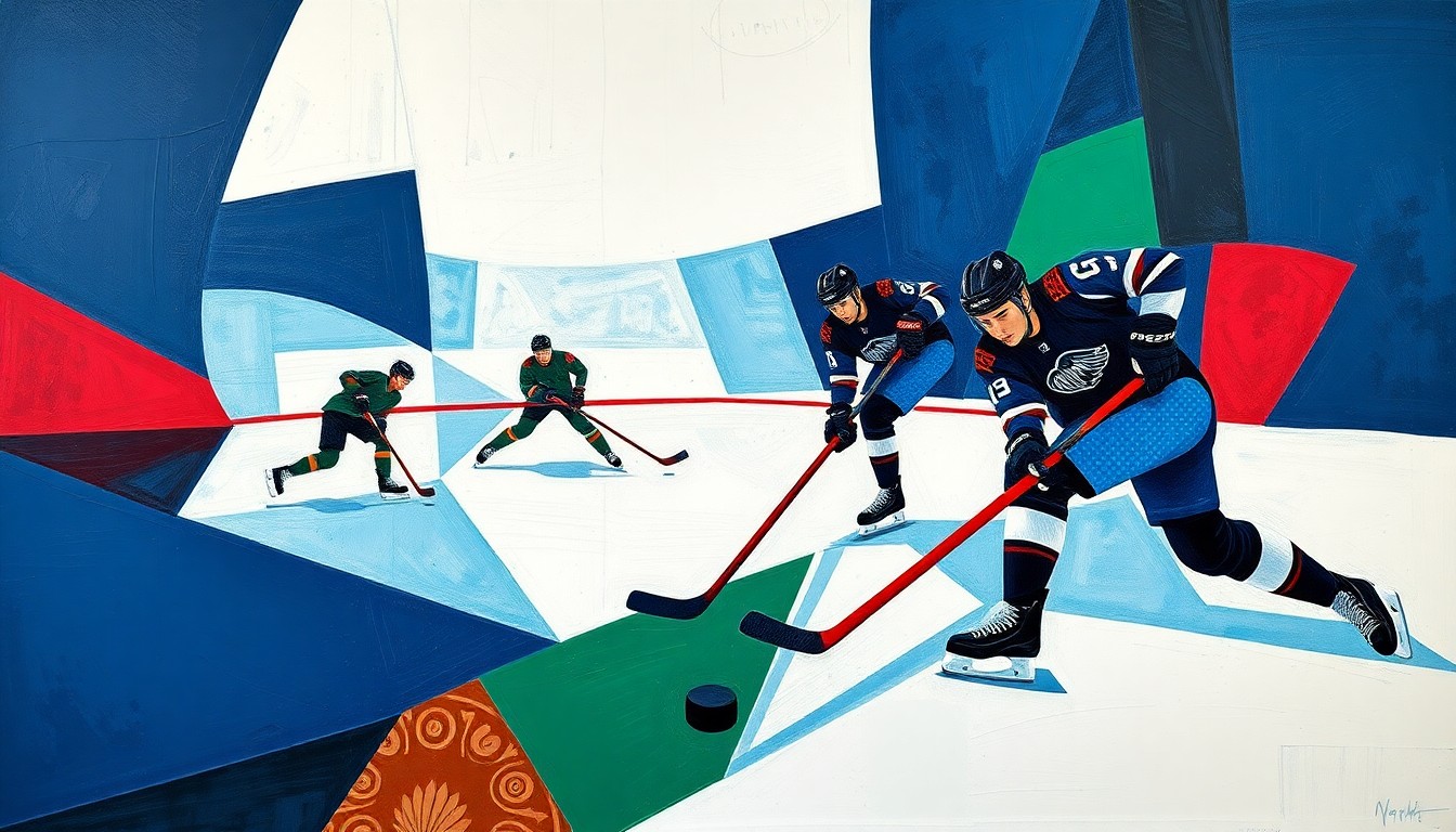 A fragmented, geometric painting depicting a hockey game, with players and the puck abstracted into angular, interlocking shapes in navy, green, and red.