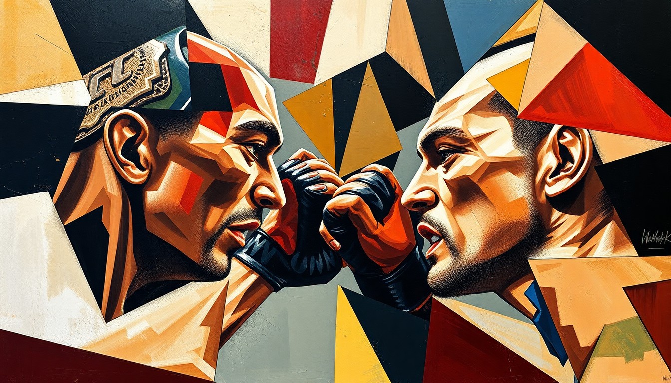 A cubist, geometric painting depicting the fragmented action of a UFC fight, with sharp, overlapping planes of color and form representing the complex dynamics behind the canceled matchup.
