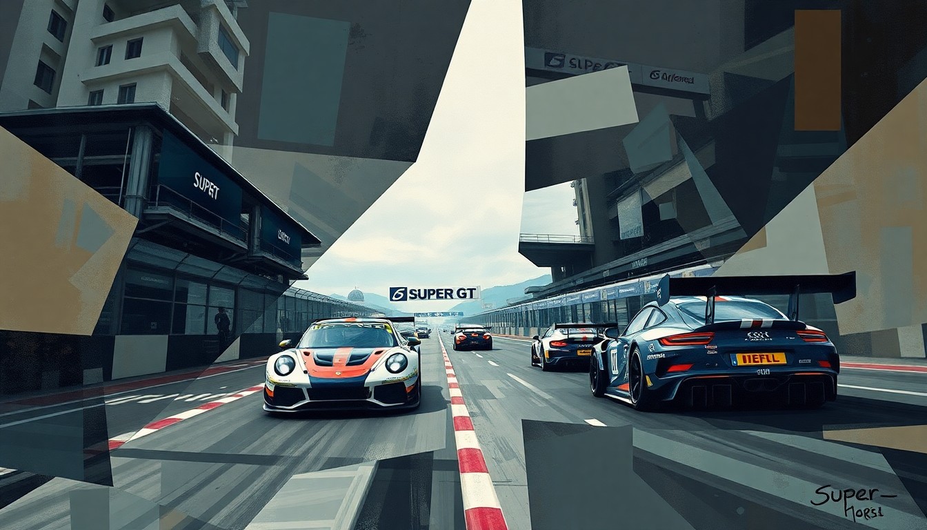 A cubist-style painting featuring fragmented, angular shapes in muted tones, representing the disruption and uncertainty surrounding the cancelled SUPER GT race at Sepang.