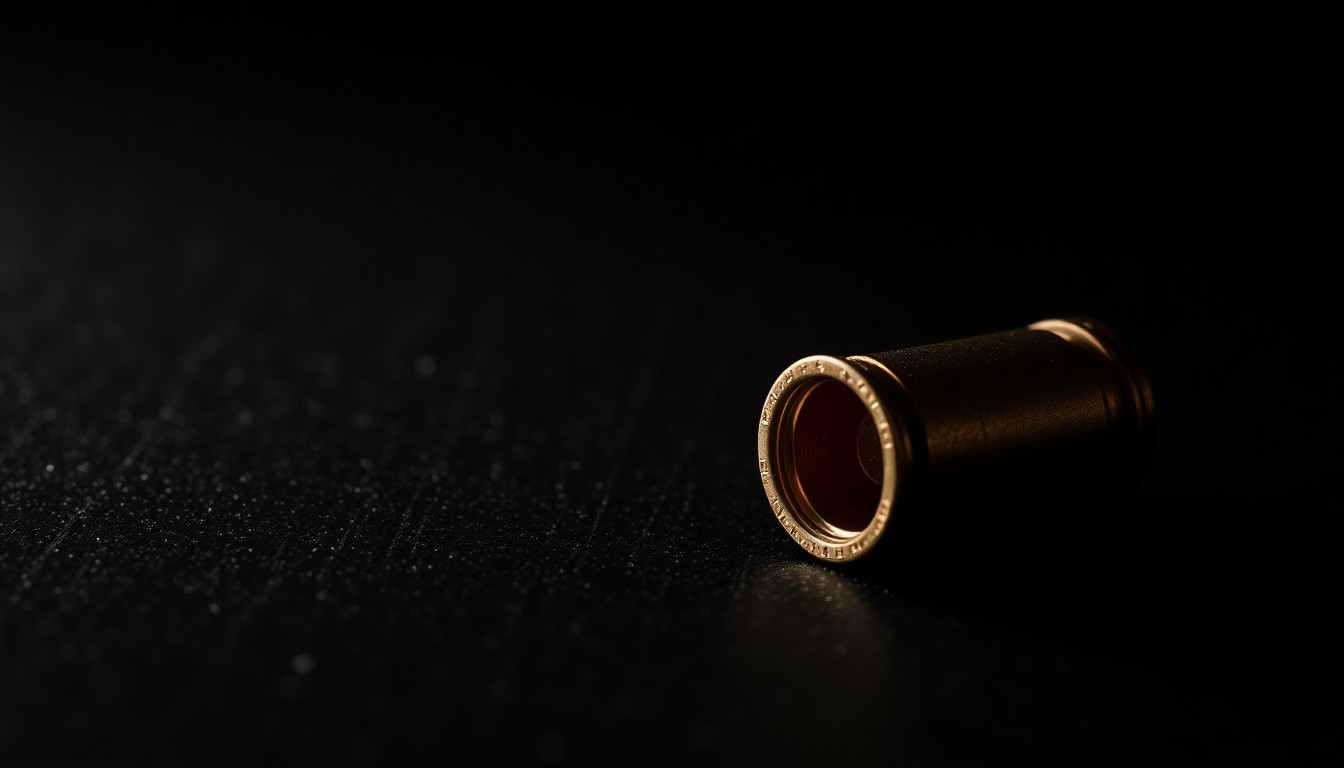 An extreme close-up photograph of a single 9mm shell casing on a dark, textured surface, lit by a harsh, direct camera flash, conceptually representing the aftermath of the hotel parking lot shooting incident.