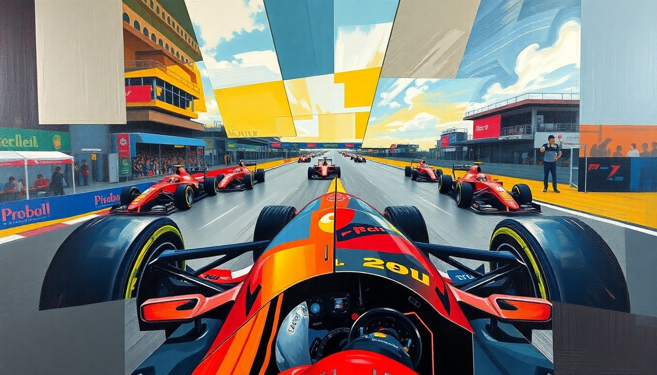 A cubist, fragmented painting depicting a Formula 1 race scene, with sharp geometric shapes and planes of color representing the high-speed action and competitive nature of the sport.