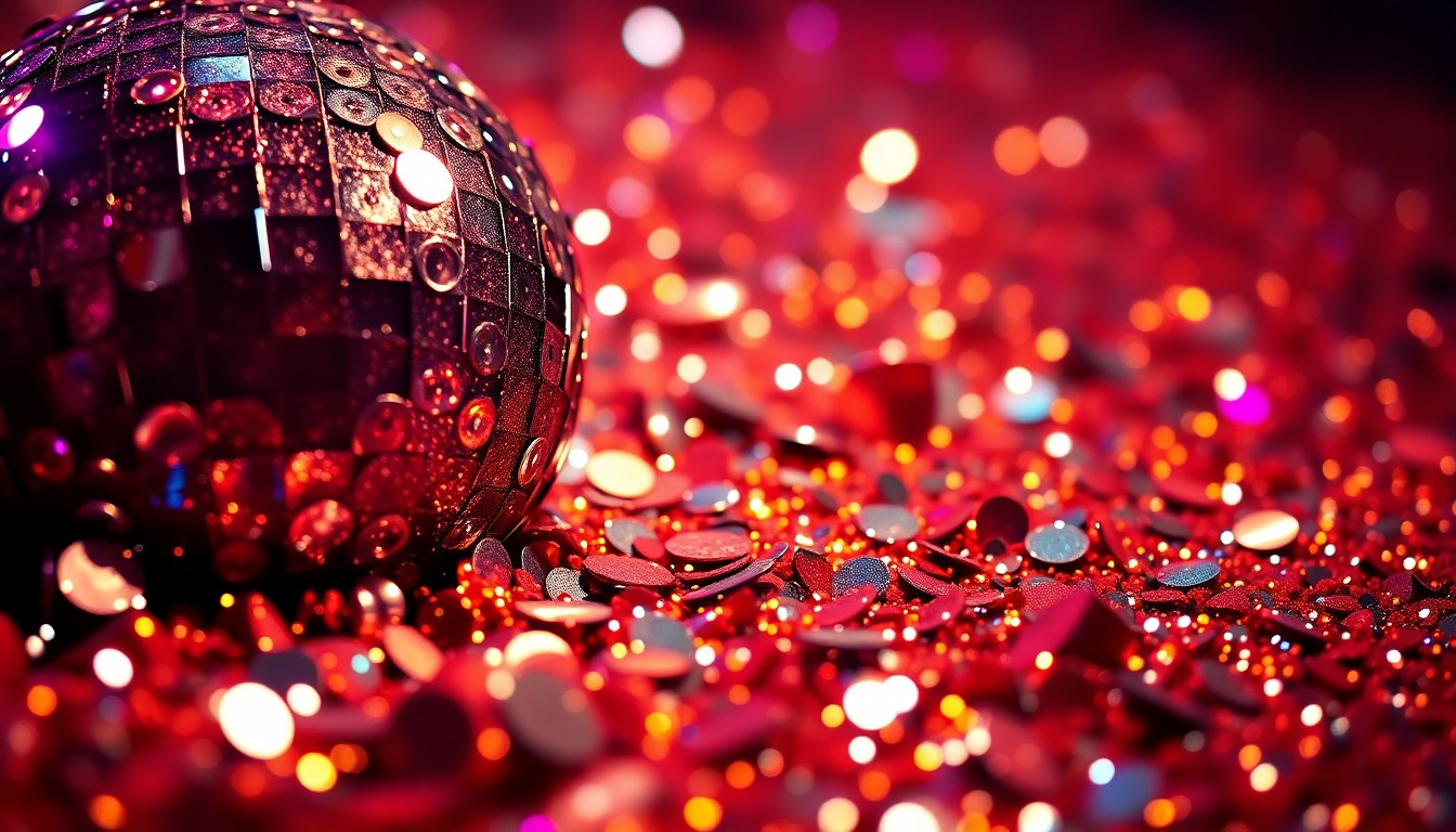 An extreme close-up of shimmering, glittering sequins and disco ball fragments, capturing the glamorous, high-energy atmosphere of a Bruno Mars concert.