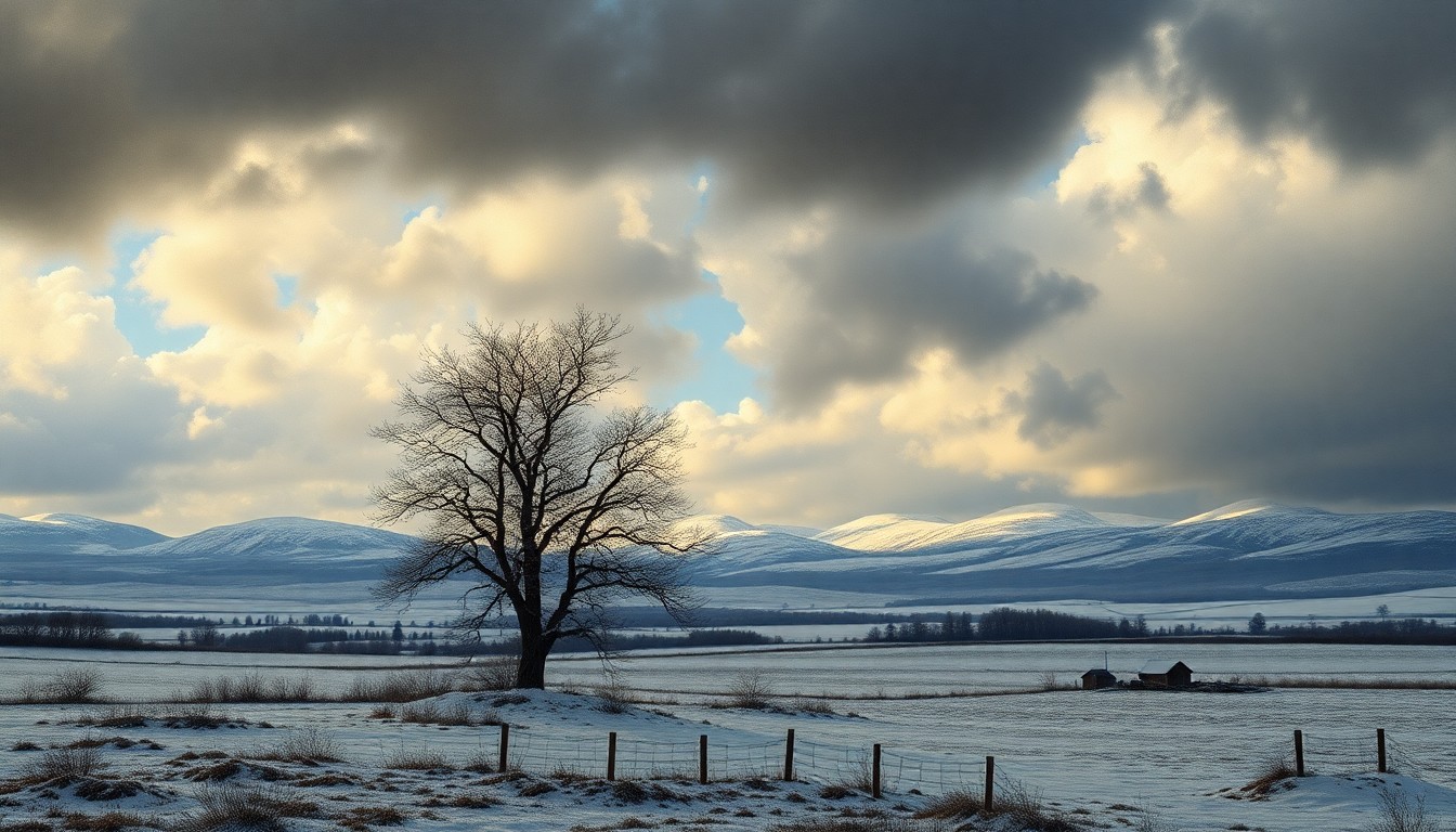 A vast, atmospheric landscape painting in muted tones of gray, white, and blue, featuring a lone, bare tree in the foreground silhouetted against a dramatic, cloudy sky. The composition emphasizes the overwhelming scale of the natural environment, dwarfing any small structures or human figures.