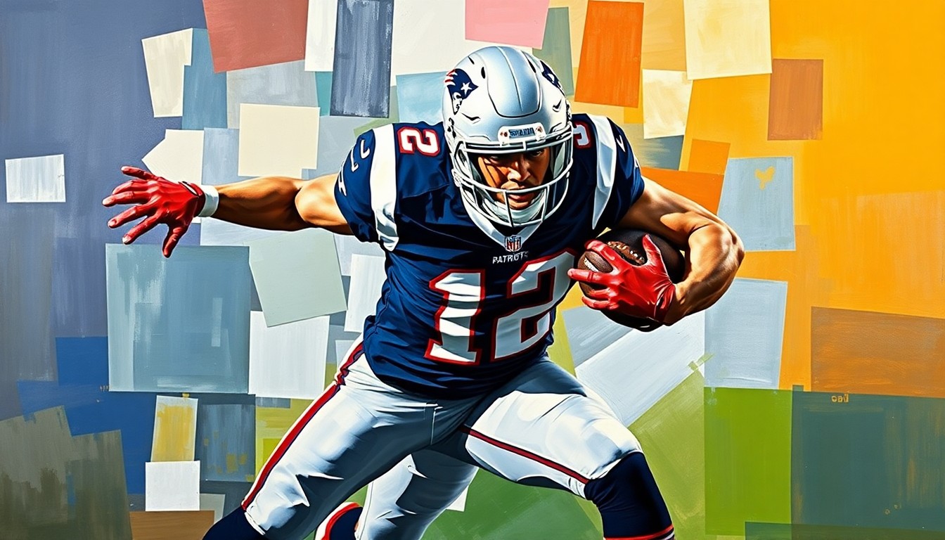 A fragmented, geometric painting depicting a football player in mid-tackle, with sharp planes of navy blue, red, and silver representing the New England Patriots' colors. The abstract, deconstructed style captures the emotional intensity and complexity of the team's off-field challenges.