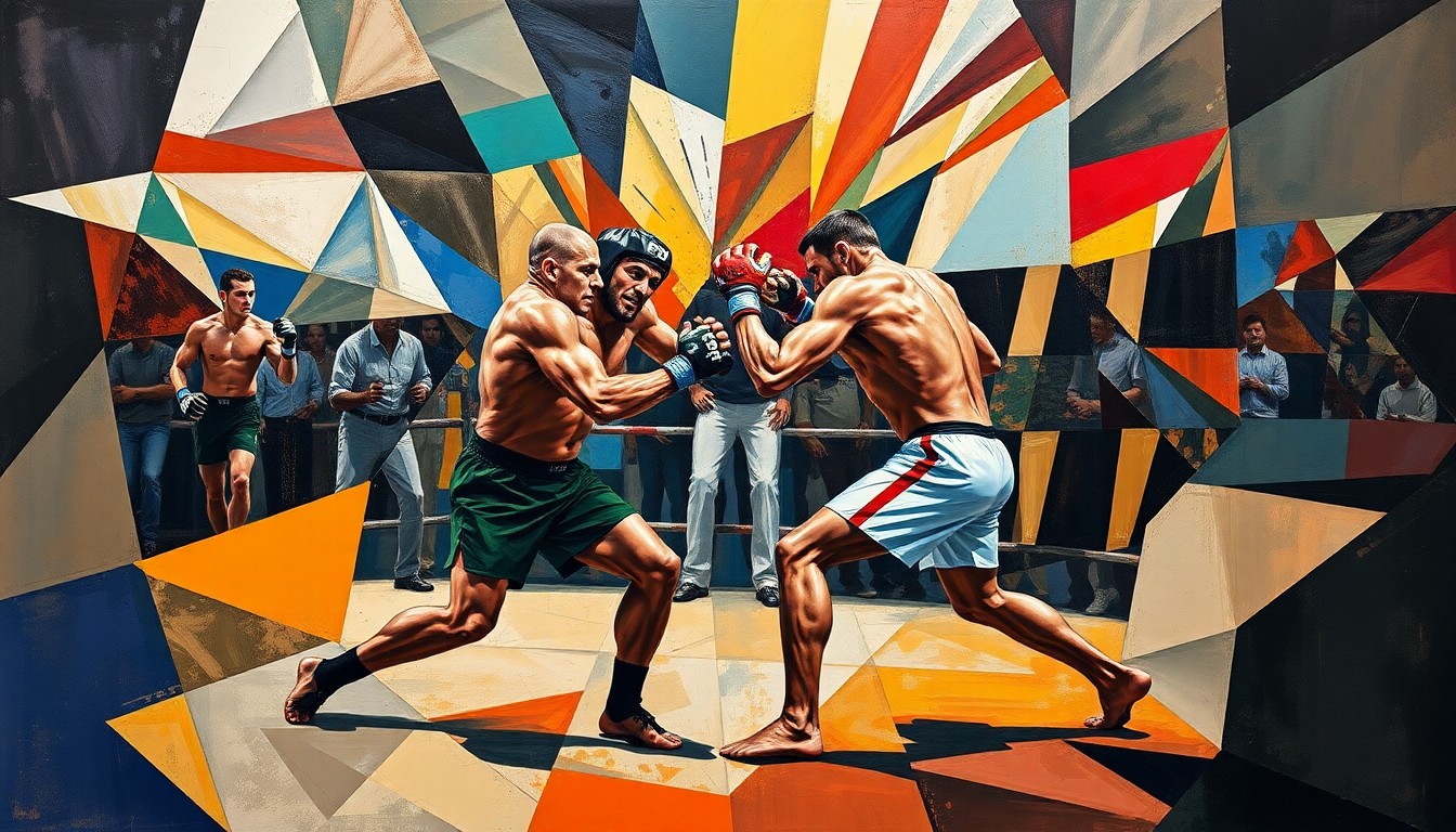 A cubist, geometric painting depicting the intense action and energy of a PFL mixed martial arts match, with the fighters' movements and the fight's dynamics expressed through bold, overlapping shapes and clashing colors.