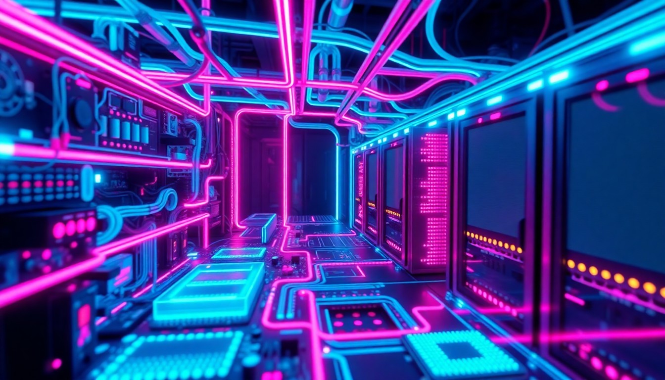 A highly detailed, glowing 3D macro illustration of a complex network of interconnected digital infrastructure components, such as circuit boards, fiber optic cables, and server racks, all illuminated by neon cyan and magenta lights, conceptually representing the vulnerability of modern financial technology systems to AI-powered cyberattacks.