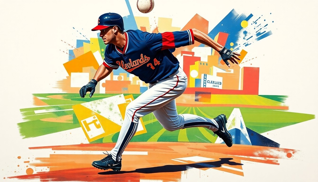 A fractured, geometric painting depicting a baseball player running the bases, with sharp overlapping planes in the Guardians' team colors of navy blue, red, and white, conceptually representing the physical toll of a hamstring injury.