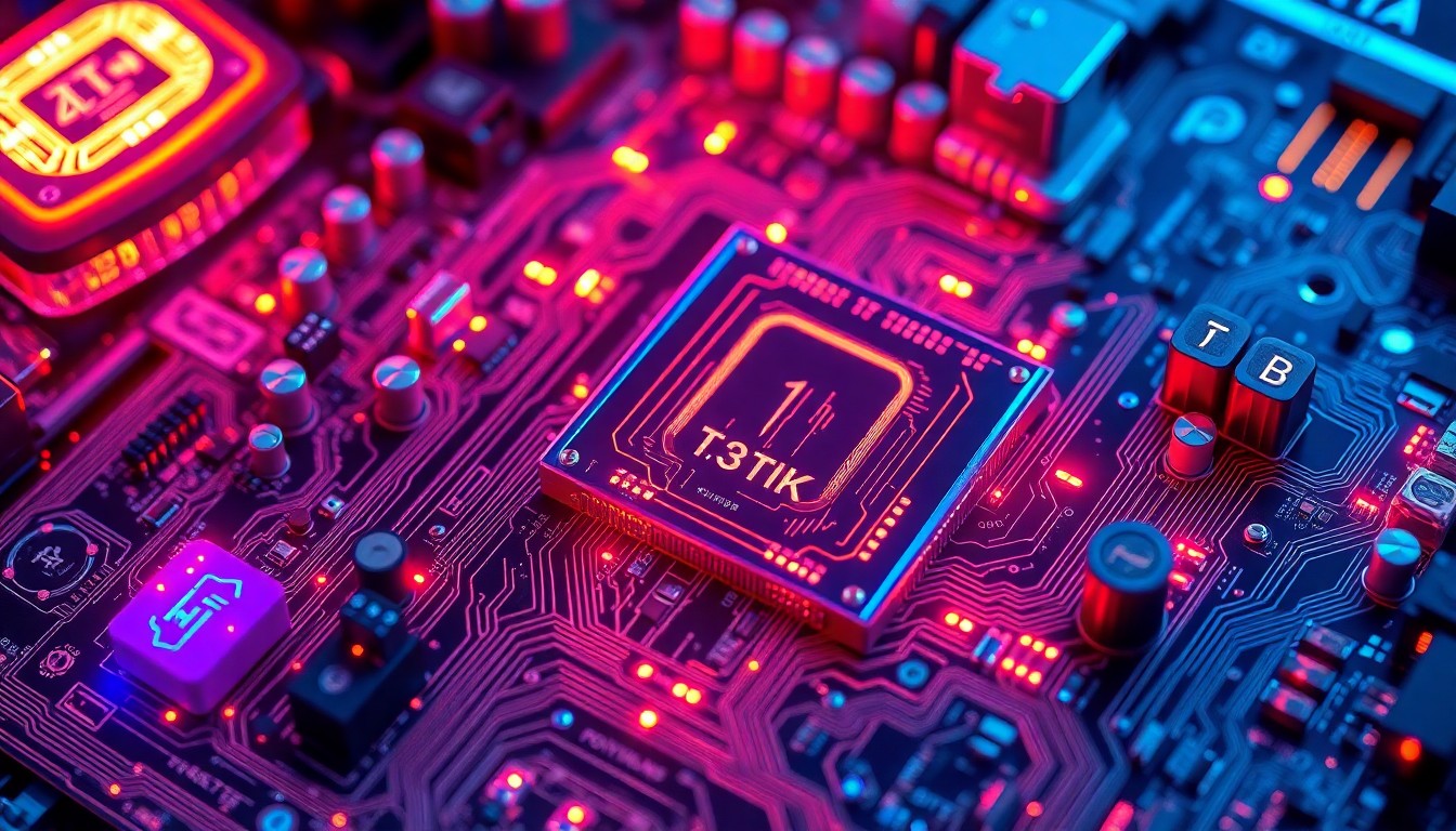A highly detailed, glowing 3D macro illustration of a complex computer motherboard with intricate circuits, pulsing neon lights, and futuristic data visualizations, conceptually representing the technological innovation and power of computer science.
