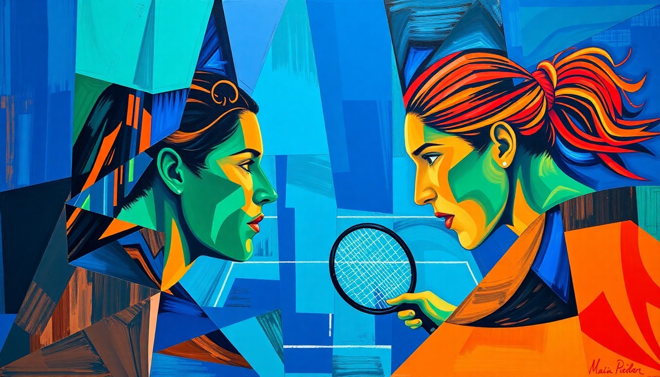 A cubist, geometric painting depicting the dynamic movement and intensity of a tennis match, with overlapping planes of color and form representing the players' strategic battle on the court.