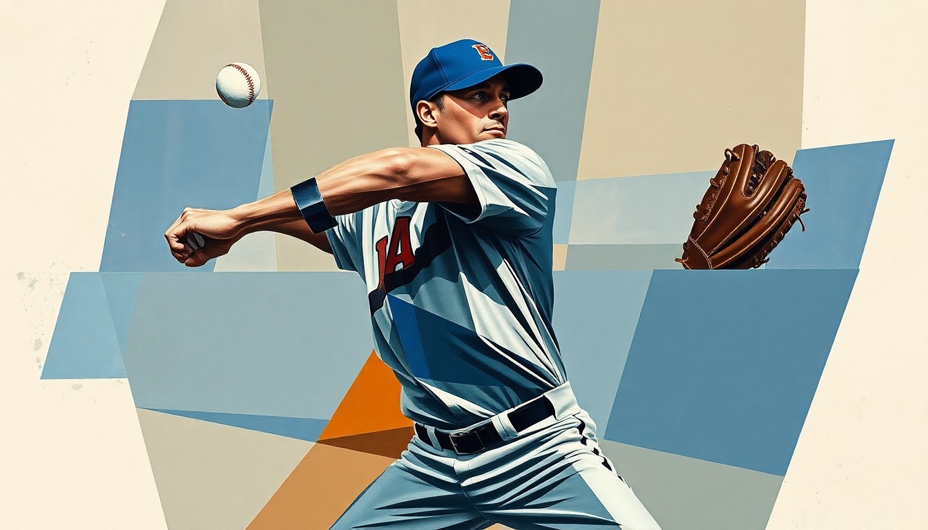 A fragmented, cubist-style painting depicting a baseball pitcher's throwing motion, with the player's form broken down into sharp, overlapping geometric shapes in muted colors, conveying the conceptual idea of strategic change and adaptation in the Tigers' bullpen.