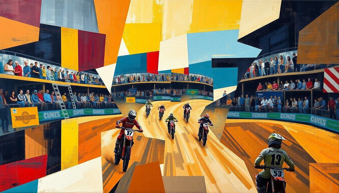 A cubist, geometric painting depicting a Supercross race scene, with overlapping planes of color and shape representing the dynamic motion and energy of the sport.