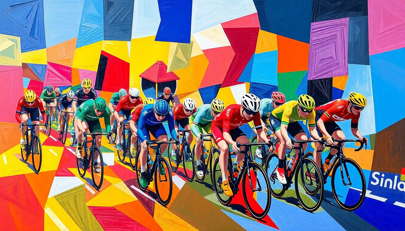 A fragmented, geometric painting depicting a cycling race or competition, with sharp, overlapping planes of color representing the diverse perspectives and tensions within the sport.