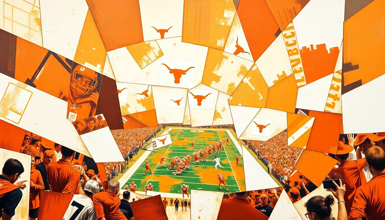 A cubist, geometric painting depicting a Texas Longhorns football game, with sharp, overlapping planes of burnt orange and white colors capturing the dynamic energy of the sport.