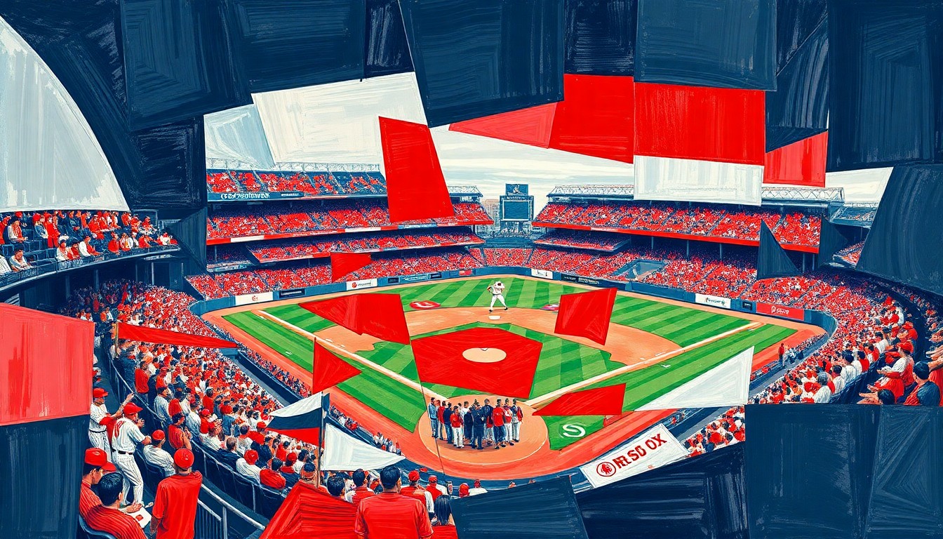 A cubist, geometric painting depicting a baseball game or match, with sharp, overlapping planes in the official Red Sox colors of red, navy blue, and white, conceptually representing the team's strategic approach to roster decisions.
