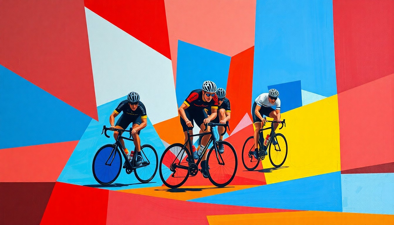 A fractured, multi-perspective painting in bold primary colors depicting the motion and collaboration of a paracycling race, with no recognizable faces or logos.