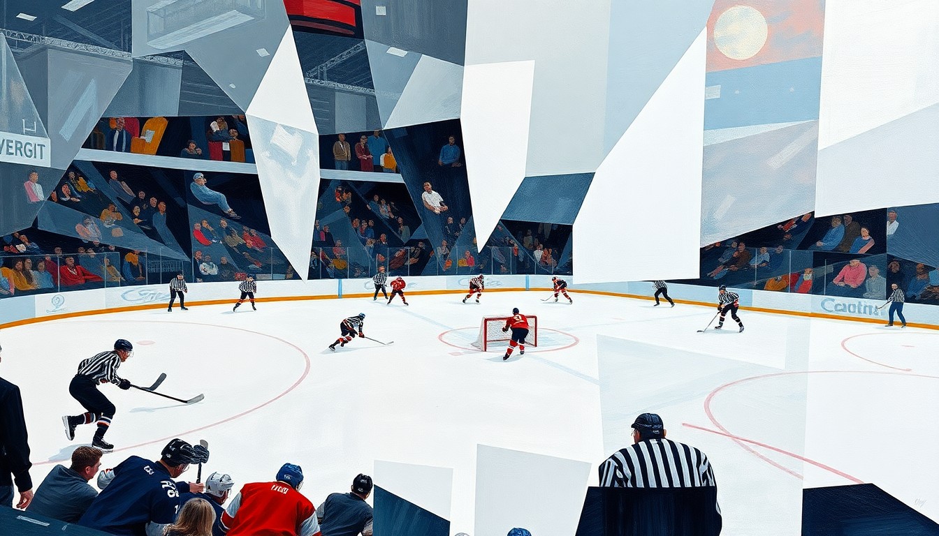 A fractured, multi-perspective painting in the style of Pablo Picasso, breaking down a hockey game or match into sharp, overlapping geometric planes, with players and the ice rink deconstructed into abstract shapes and angles, conveying the dynamic movement and energy of the sport.