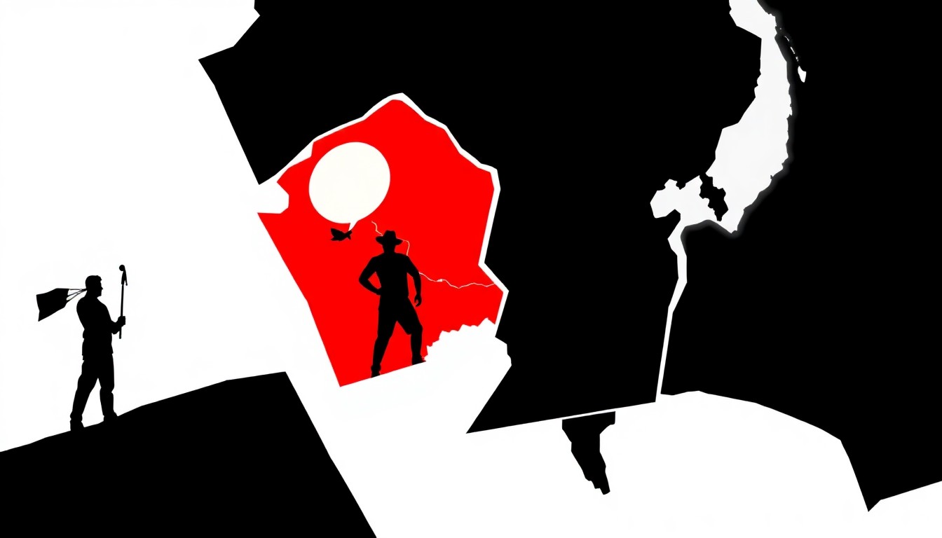 A striking, abstract composition of jagged, geometric shapes in bold red and white, representing the cultural fusion and geopolitical implications of Eurovision's expansion to Asia.