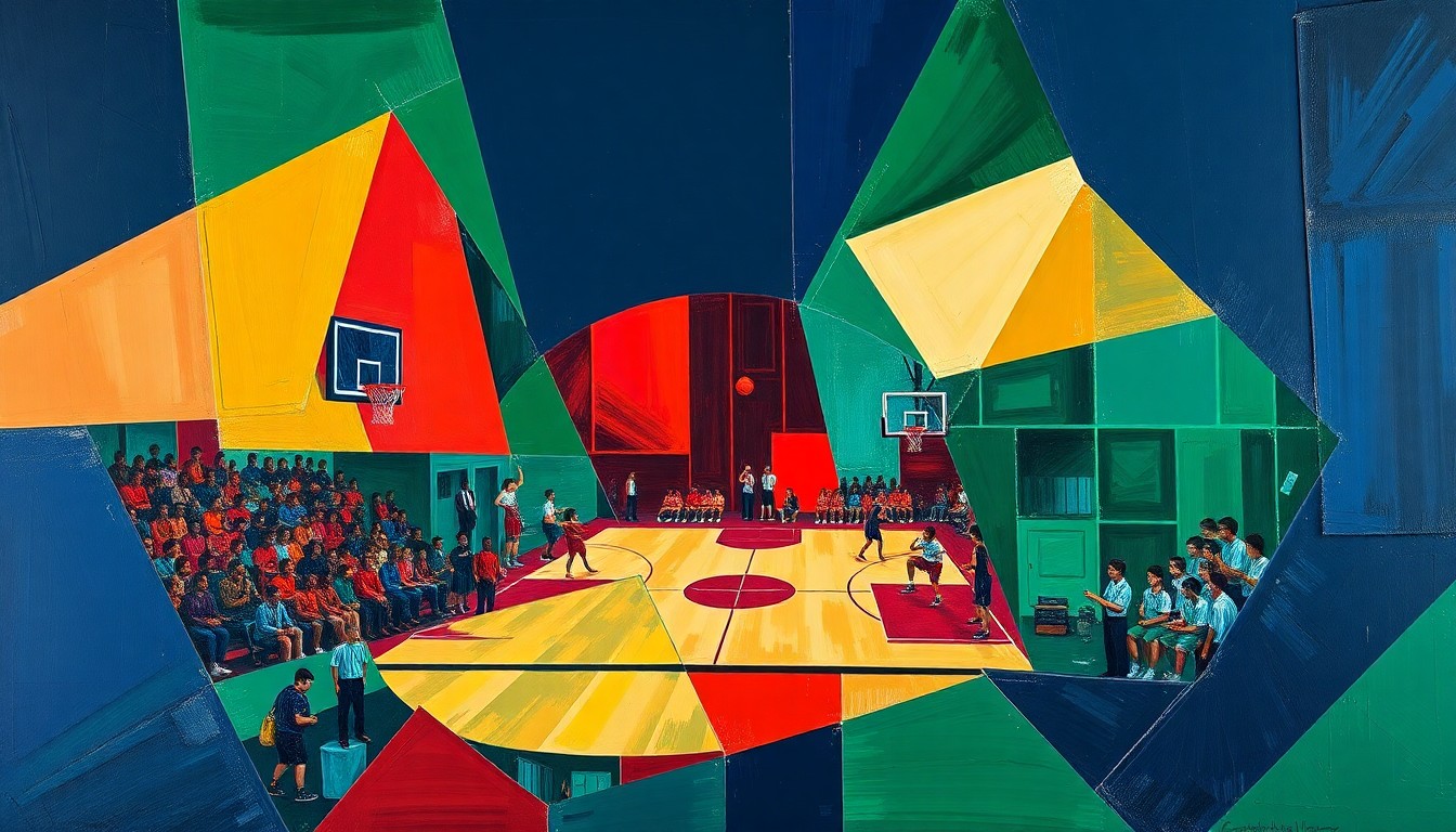 A fractured, cubist-style painting depicting the fast-paced action of a high school basketball game, with players and the court rendered in sharp, overlapping geometric shapes and planes of navy, green, and red.