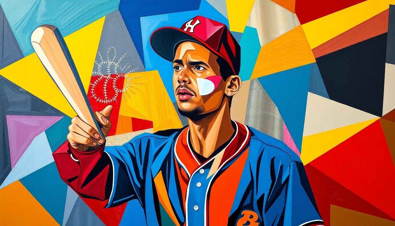 A fragmented, geometric painting depicting the various stages and teams of Hanser Alberto's baseball career, using bold, overlapping shapes and colors to represent his journey.