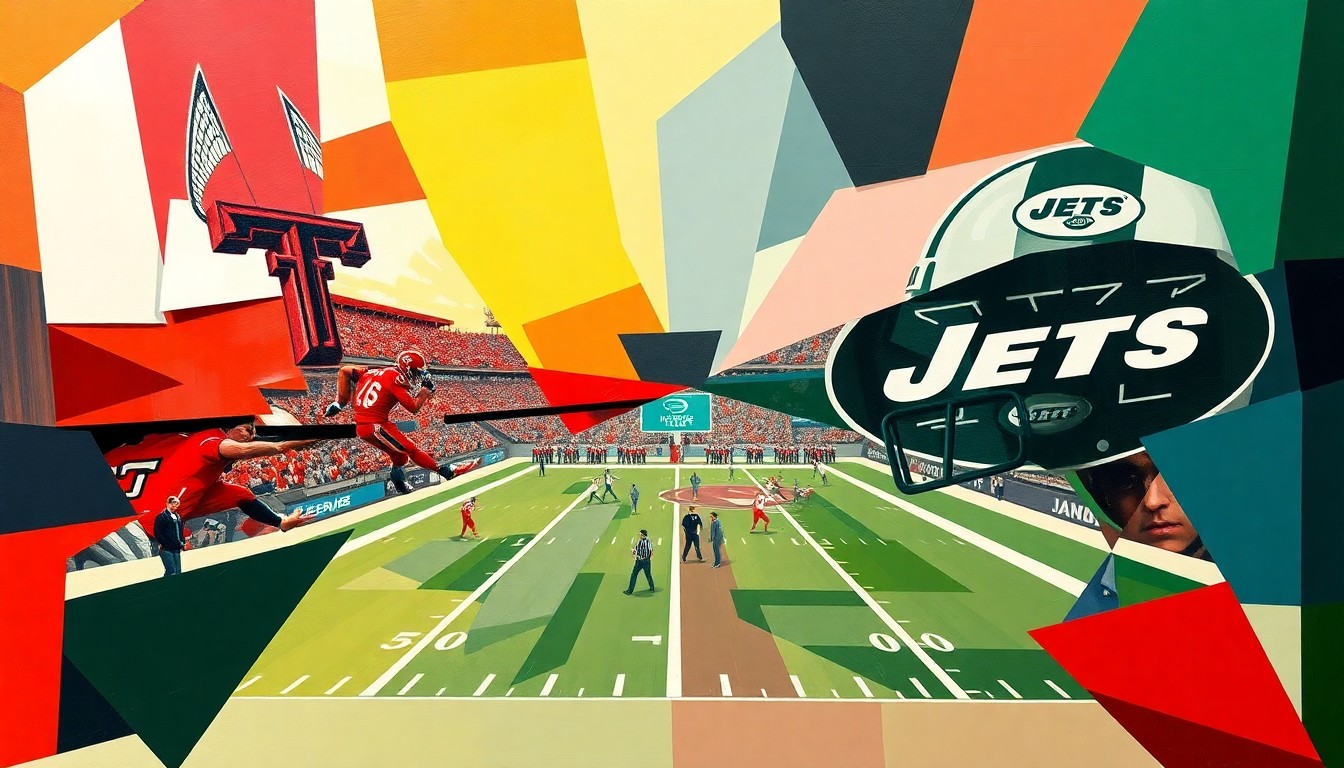 A cubist, geometric painting depicting a football game or draft event, with sharp, overlapping planes of red, green, and black colors representing the Texas Tech Red Raiders and New York Jets.