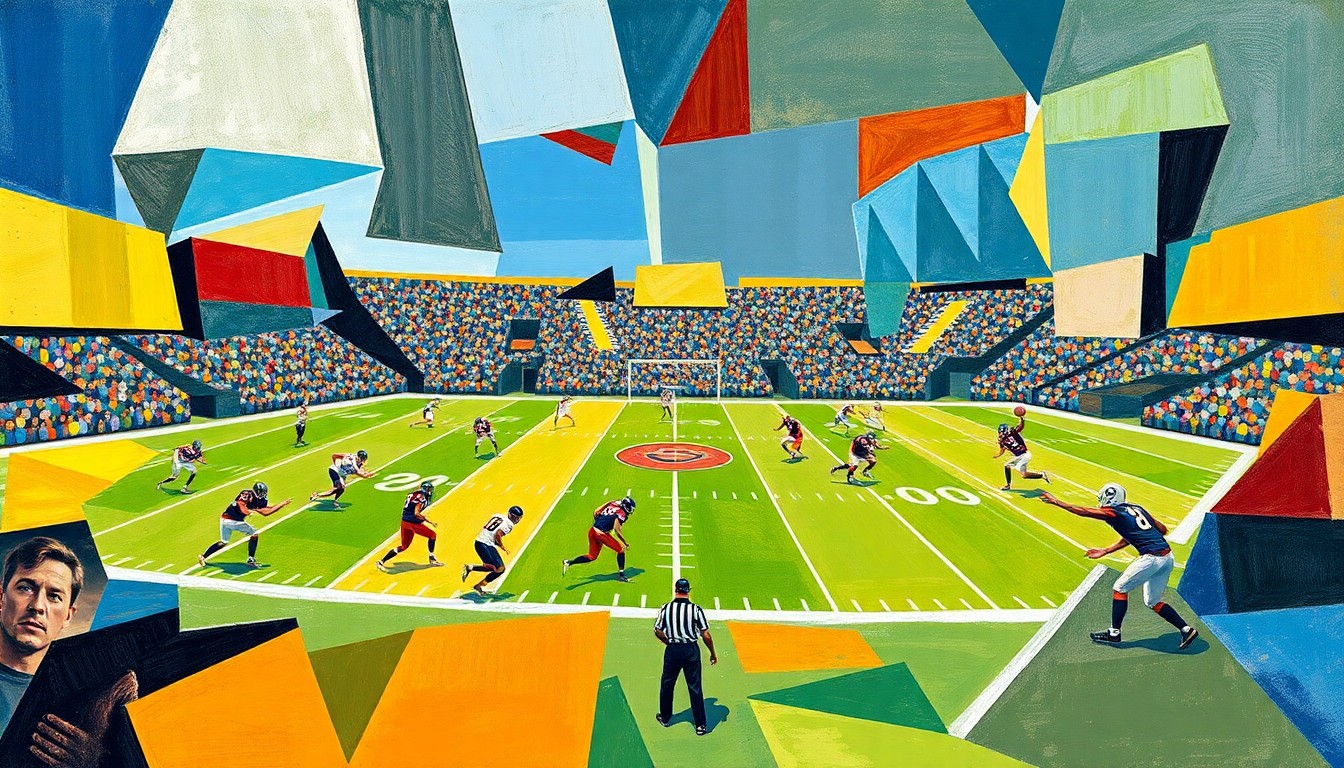 A fractured, multi-perspective painting in vibrant colors, breaking down a football game into sharp, overlapping geometric shapes and planes, conceptually representing the injury-impacted clash between the Eagles and 49ers.