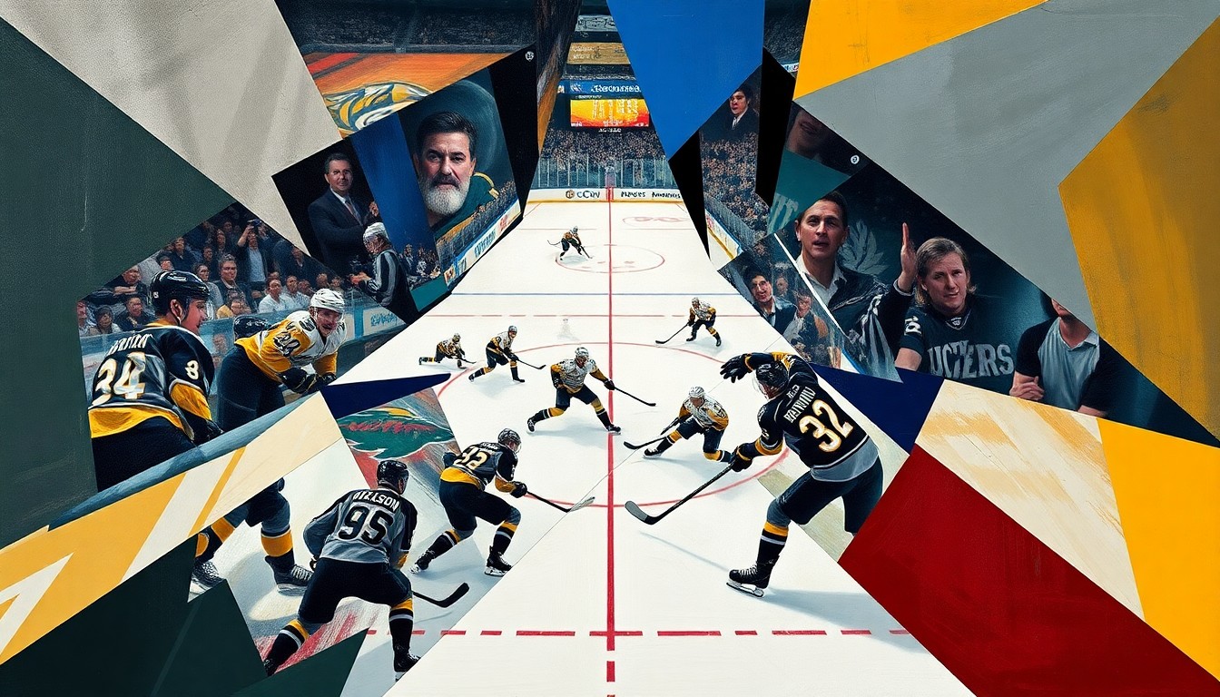 A cubist-style painting featuring overlapping geometric shapes and planes, abstractly depicting a hockey game between the Nashville Predators and Minnesota Wild. The players and action are deconstructed into sharp, angular forms, capturing the high-energy and high-stakes nature of the late-season matchup.
