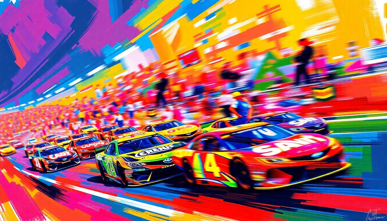 An abstract, neon-colored expressionist painting capturing the intense energy and movement of a NASCAR race, with blurred figures of race cars and drivers dissolving into vibrant brushstrokes.